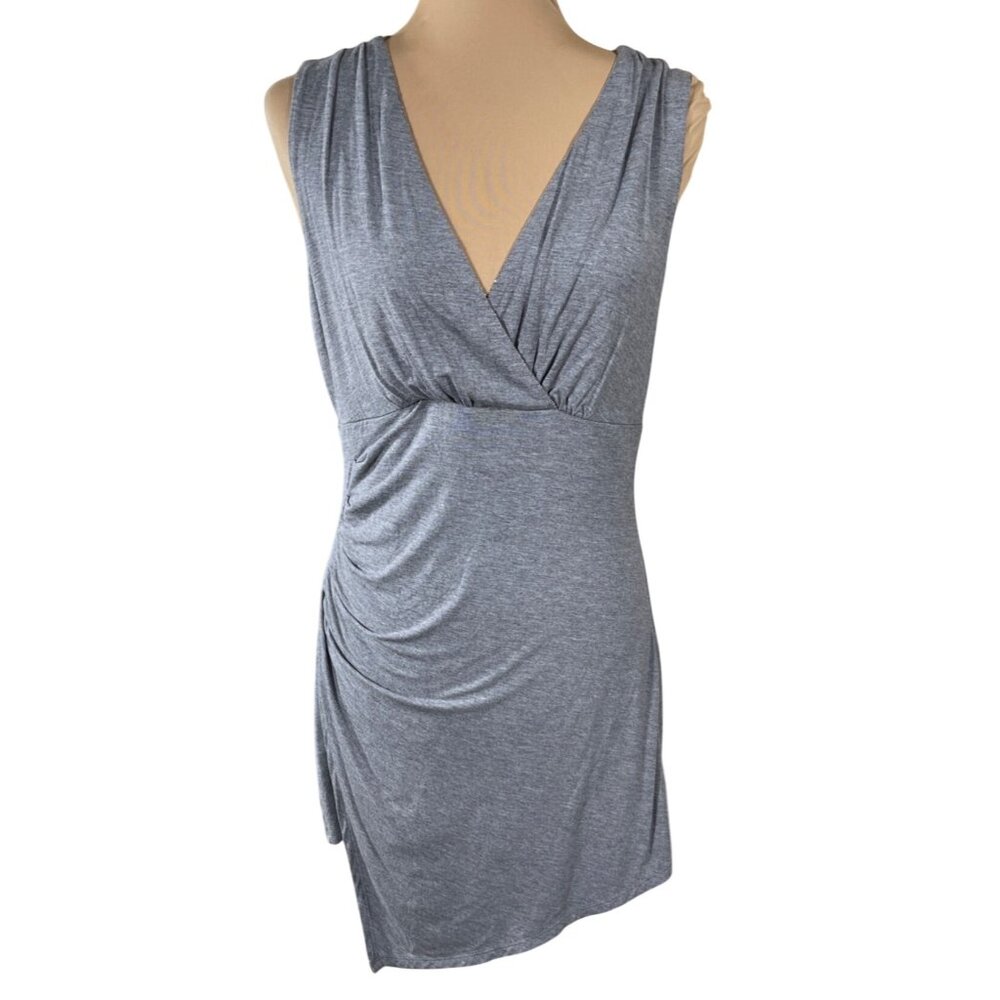 White House Black Market Dress Small Grey Faux Wrap Stretch Ruched Deep V Neck